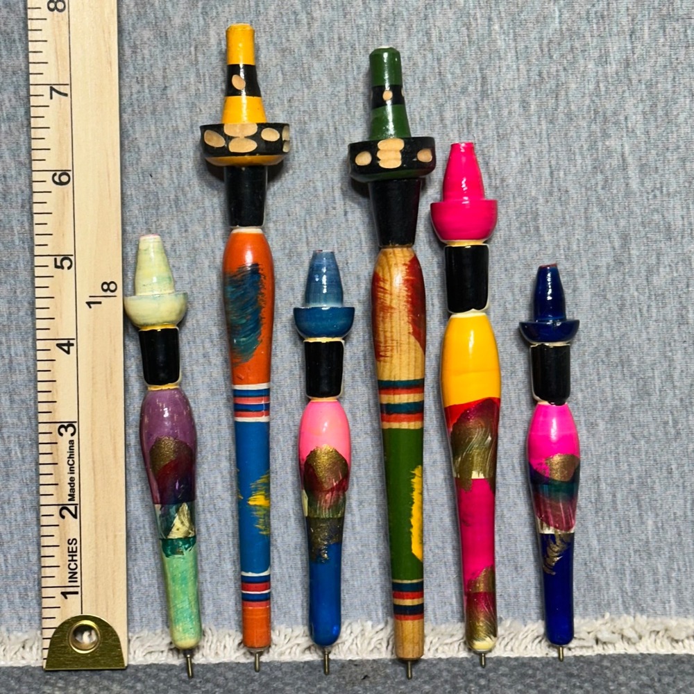 Vintage Mexican Folk Art Wooden Pens Hand Painted Sombrero Character Set of 6 - Picture 3 of 3